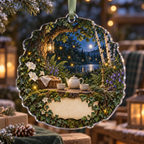 One christmas ornament with a firefly clearing, ceramic tea set, covered bread basket, rosemary sprig and blank parchment name plaque.