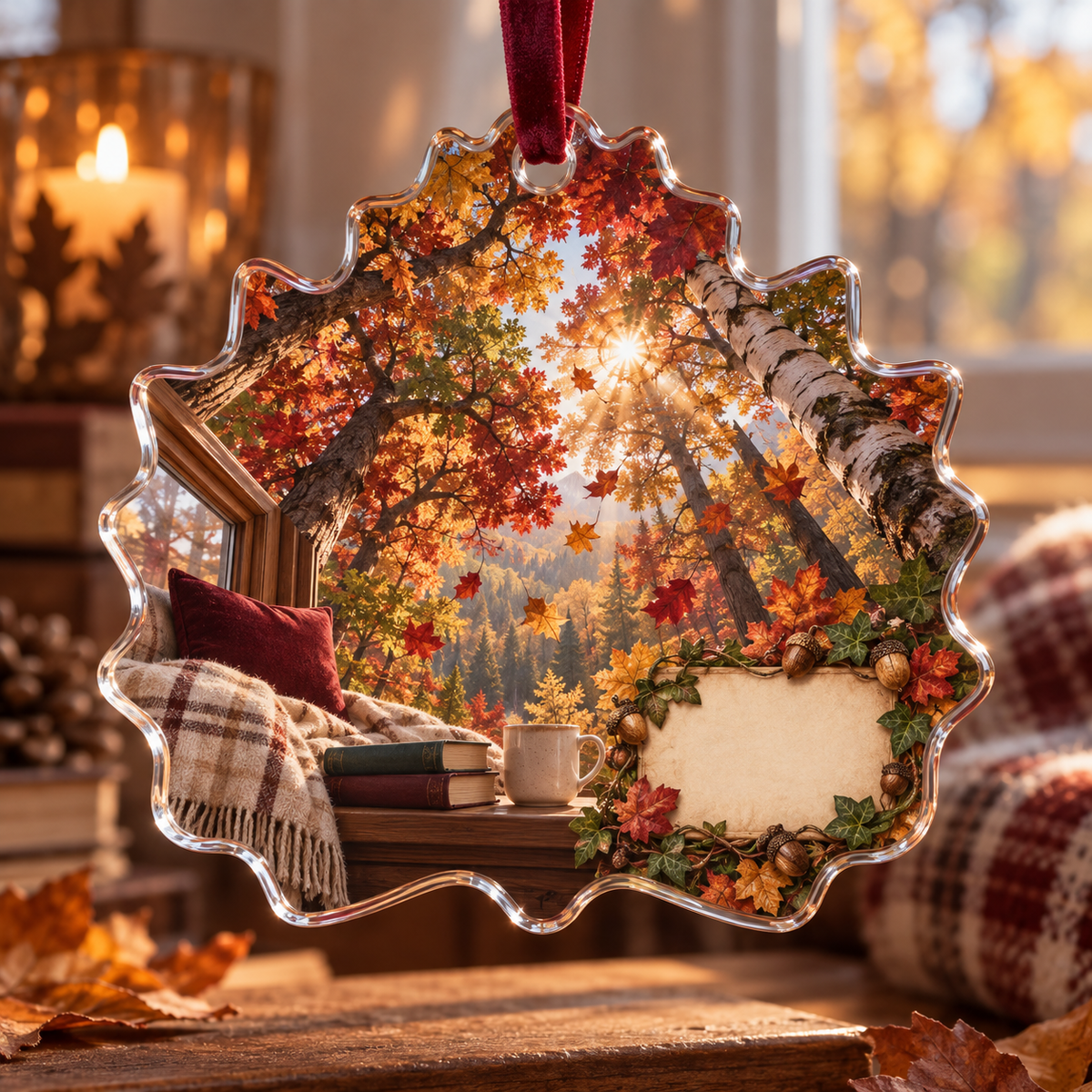 One christmas ornament with a sunlit autumn canopy, cozy window-seat reading nook and blank parchment name plaque.