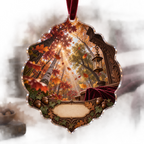 One christmas ornament with a dramatic autumn canopy, carved walnut arch, brass lantern and blank parchment name plaque.