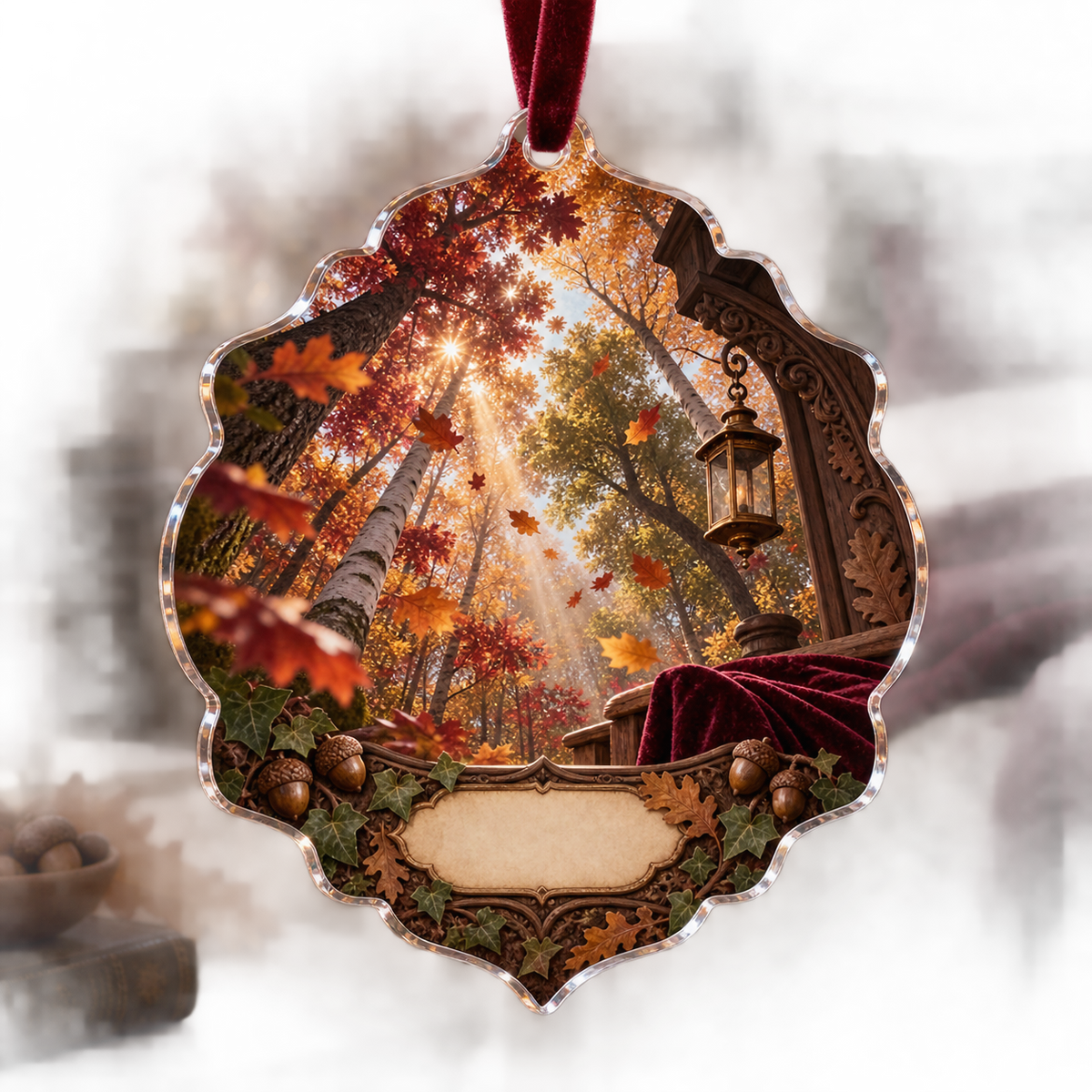One christmas ornament with a dramatic autumn canopy, carved walnut arch, brass lantern and blank parchment name plaque.