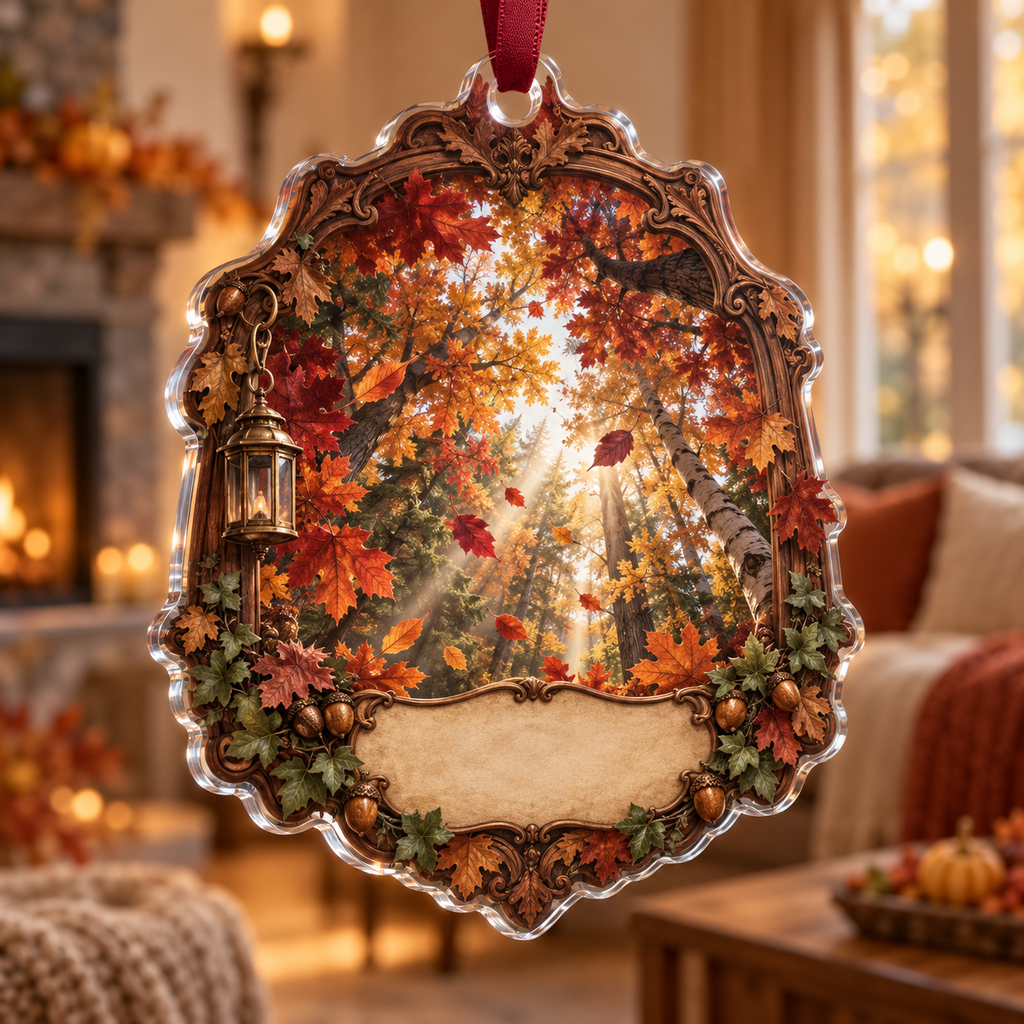One christmas ornament with a dramatic autumn canopy, carved walnut frame, brass lantern and blank parchment name plaque.