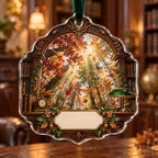 One christmas ornament with a vaulted autumn canopy, walnut library arch, banker lamp and blank ivory name plaque.