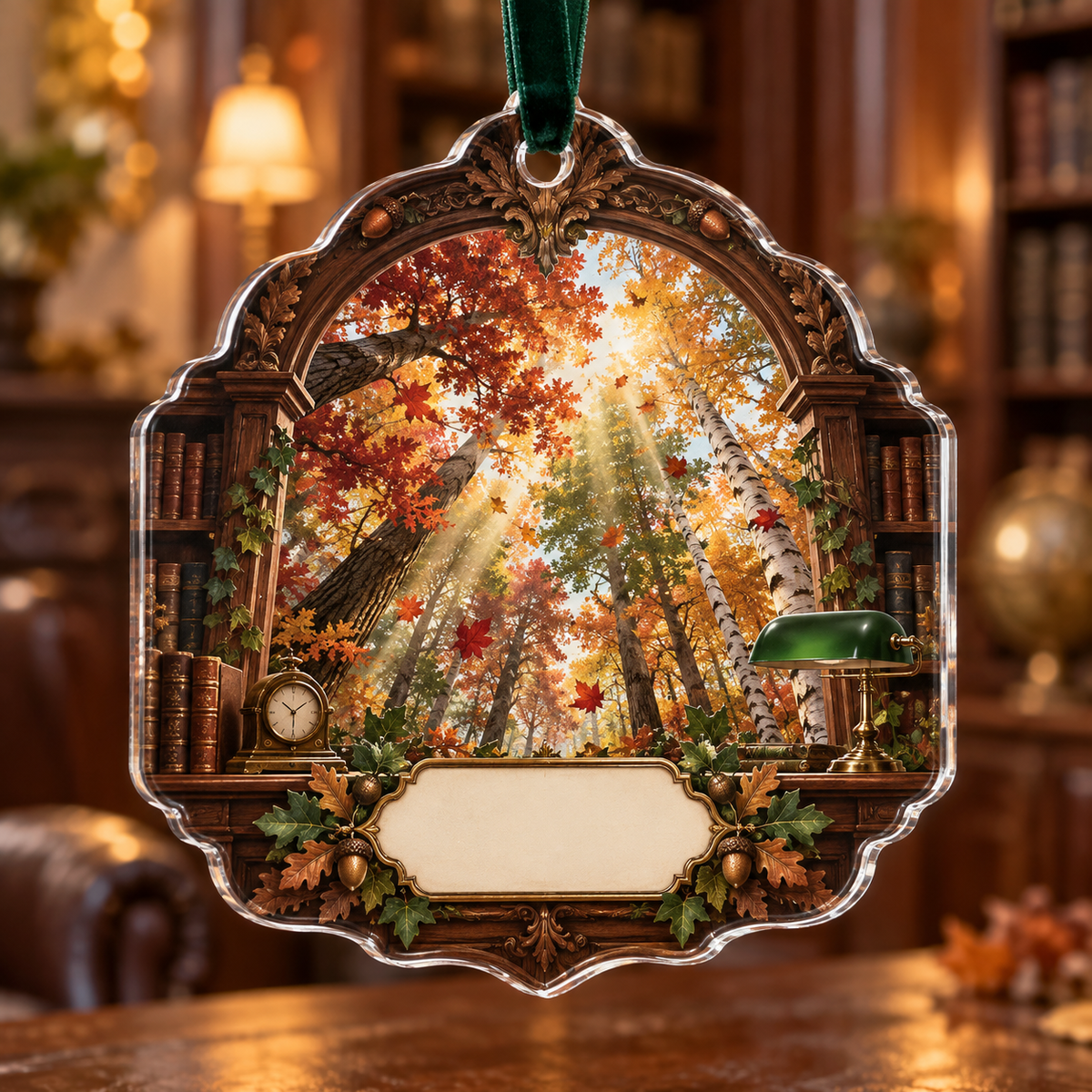 One christmas ornament with a vaulted autumn canopy, walnut library arch, banker lamp and blank ivory name plaque.