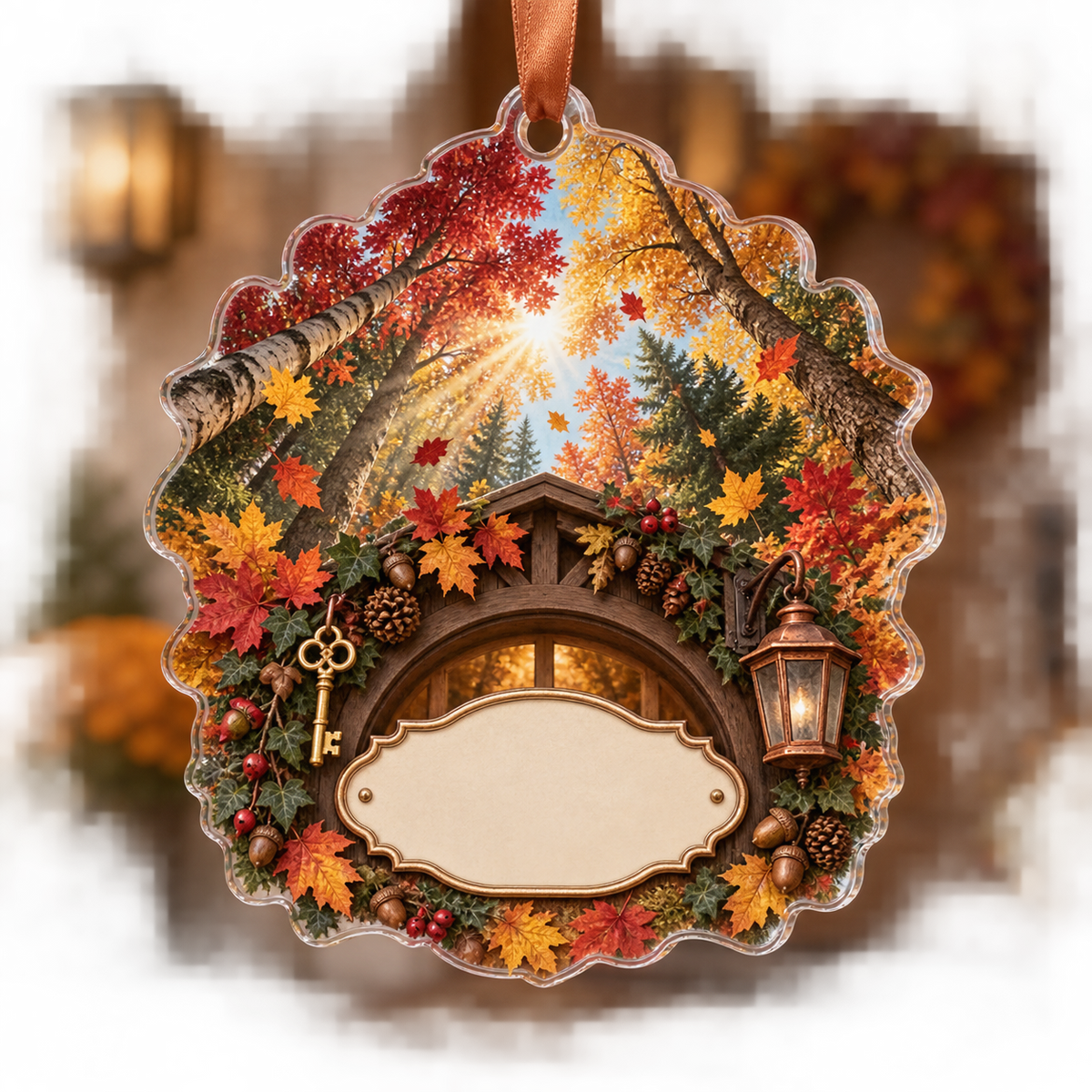 One christmas ornament with an immersive autumn canopy, cottage doorway, brass key, copper lantern and blank cream name plaque.