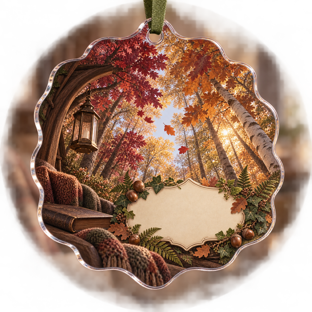 One christmas ornament with a tranquil autumn canopy, walnut reading arch, brass lantern, closed book and blank cream name plaque.