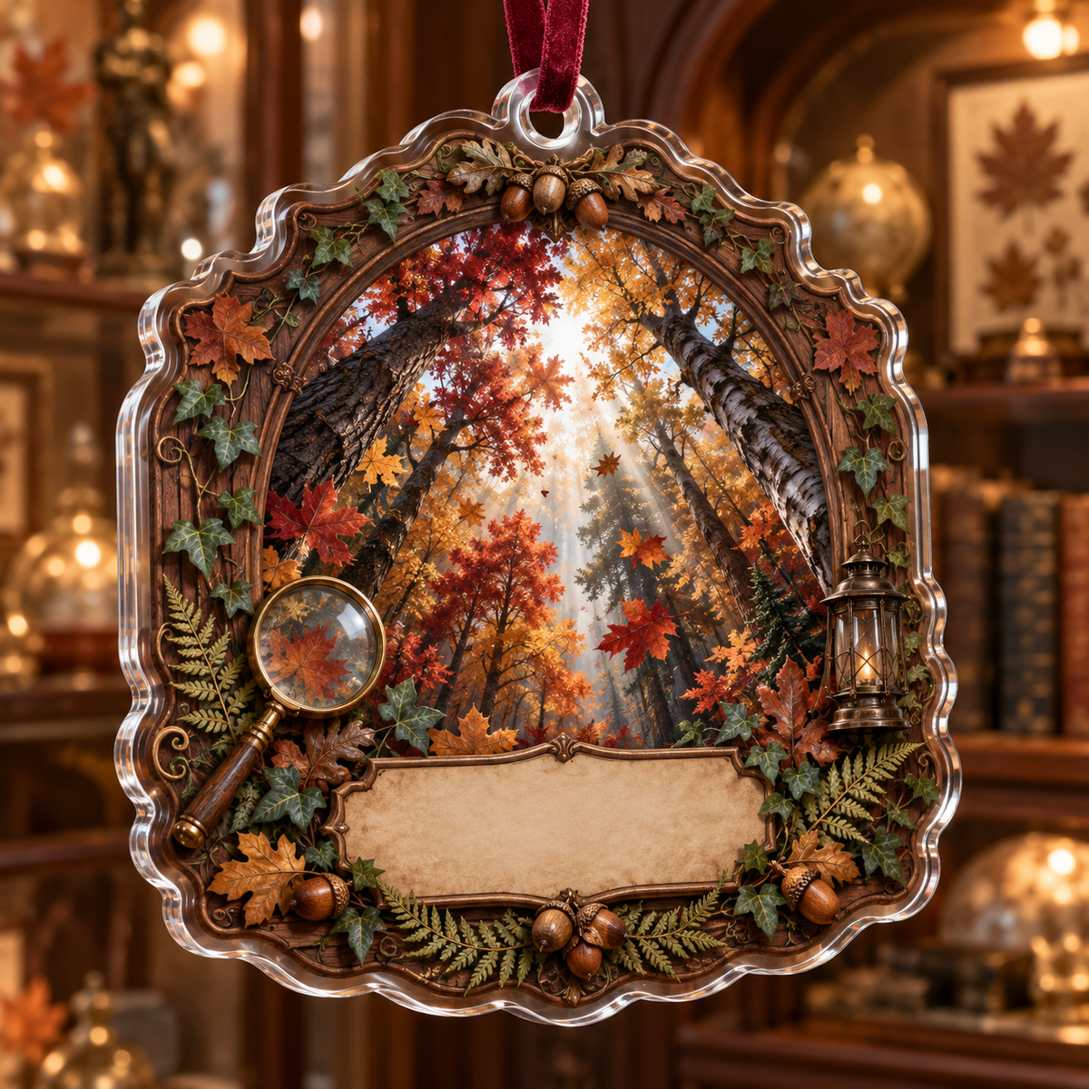 One christmas ornament with a rare autumn canopy, walnut collector arch, brass magnifying glass, museum lantern and blank parchment name plaque.