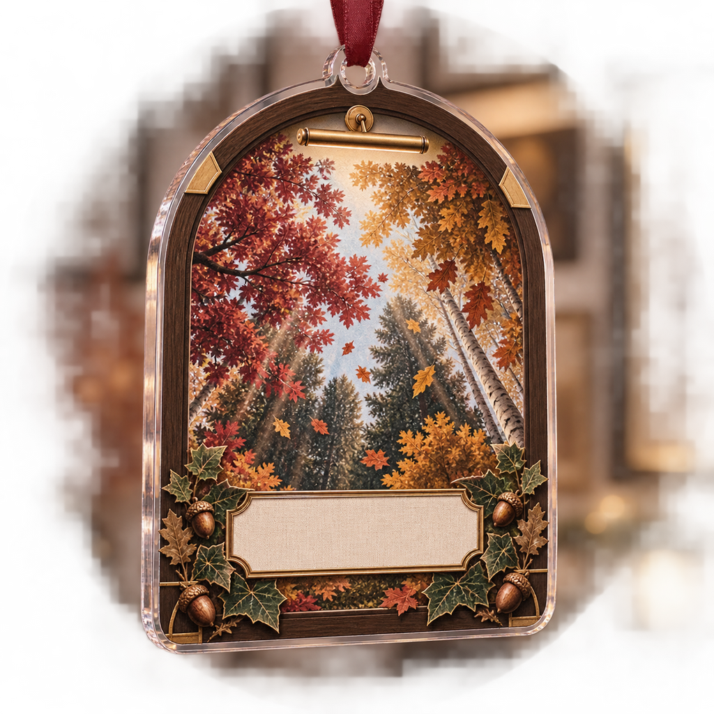One christmas ornament with a graphic autumn canopy, black-walnut gallery arch, brass accents, picture light and blank linen name plaque.
