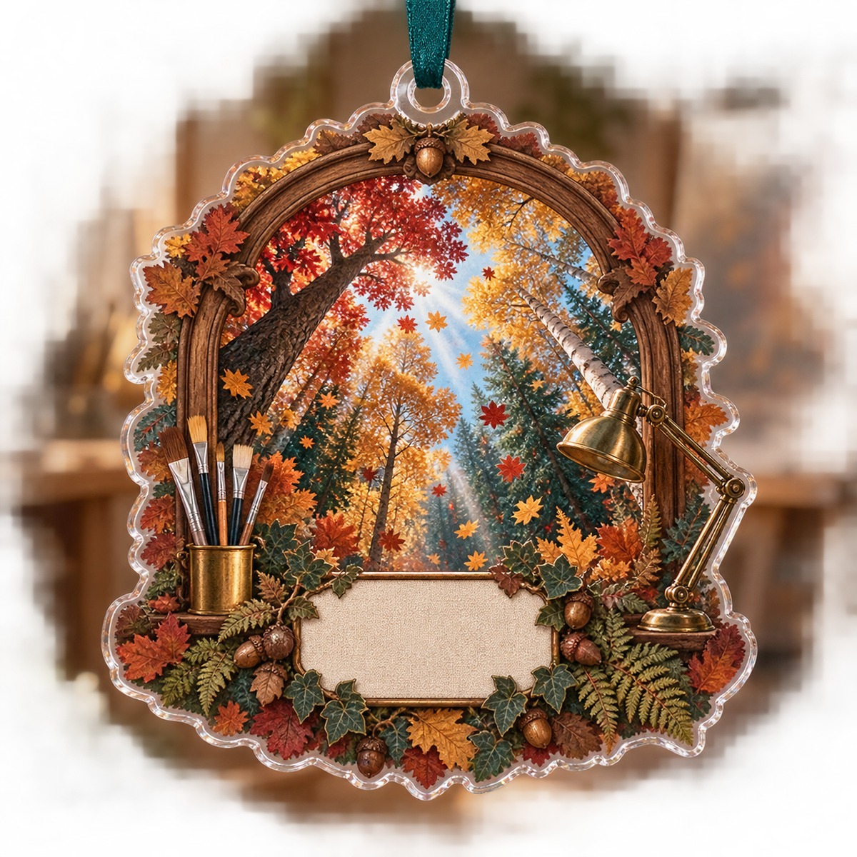 One christmas ornament with an autumn forest canopy, carved walnut studio arch, brass art tools and blank canvas-texture name plaque.