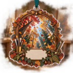 One christmas ornament with an autumn forest canopy, carved walnut studio arch, brass art tools and blank canvas-texture name plaque.