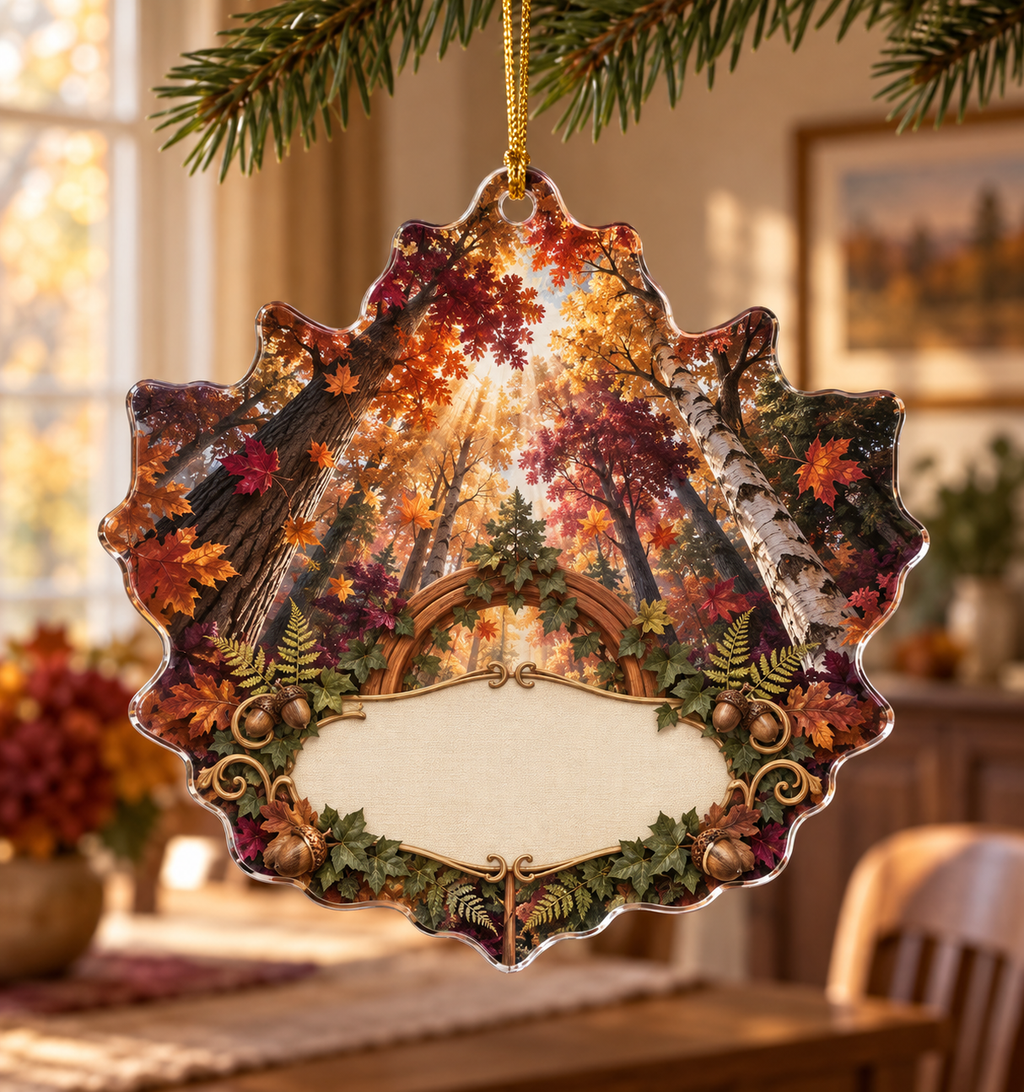 One christmas ornament with a luminous autumn forest canopy, curved cedar doorway and blank cream-linen name plaque.