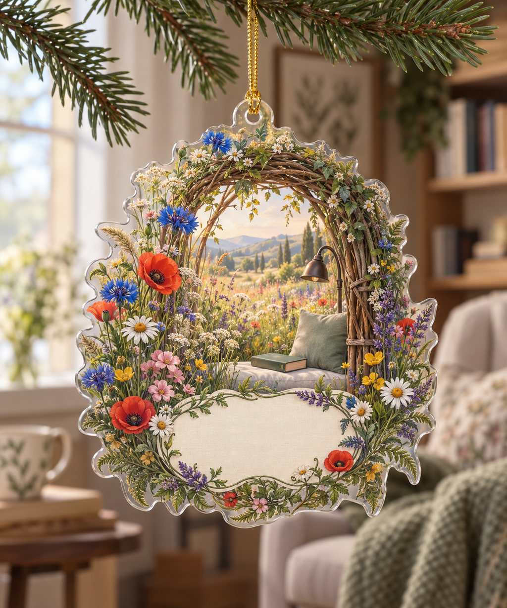 One christmas ornament with a sunlit wildflower meadow, woven-willow reading arch and blank ivory-linen name plaque.