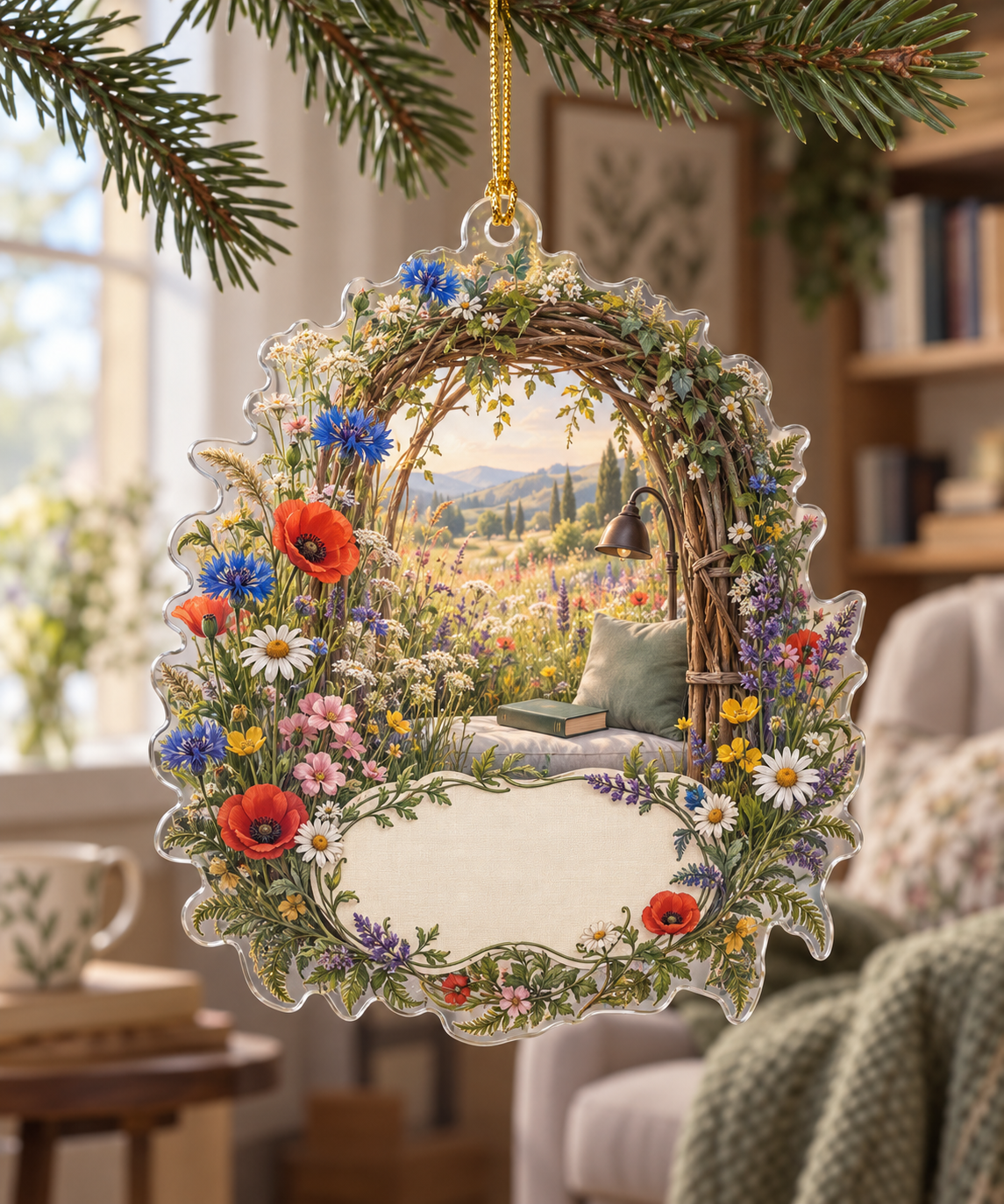 One christmas ornament with a sunlit wildflower meadow, woven-willow reading arch and blank ivory-linen name plaque.