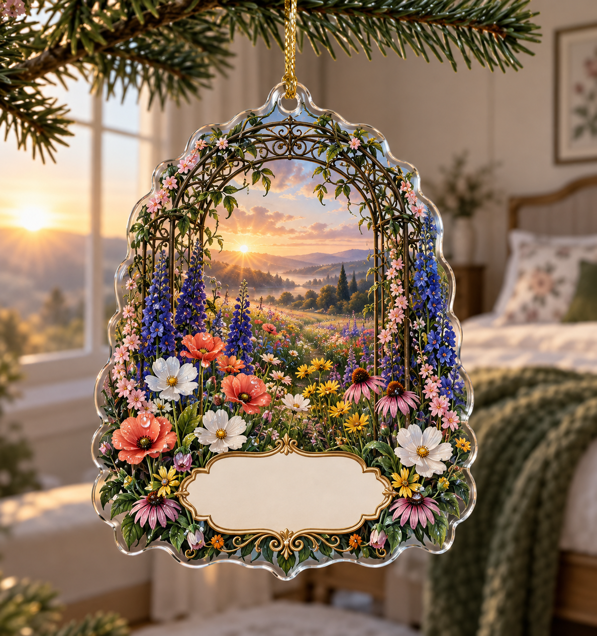 One christmas ornament with a dramatic sunrise wildflower meadow, dark-bronze botanical trellis and blank ivory name plaque.