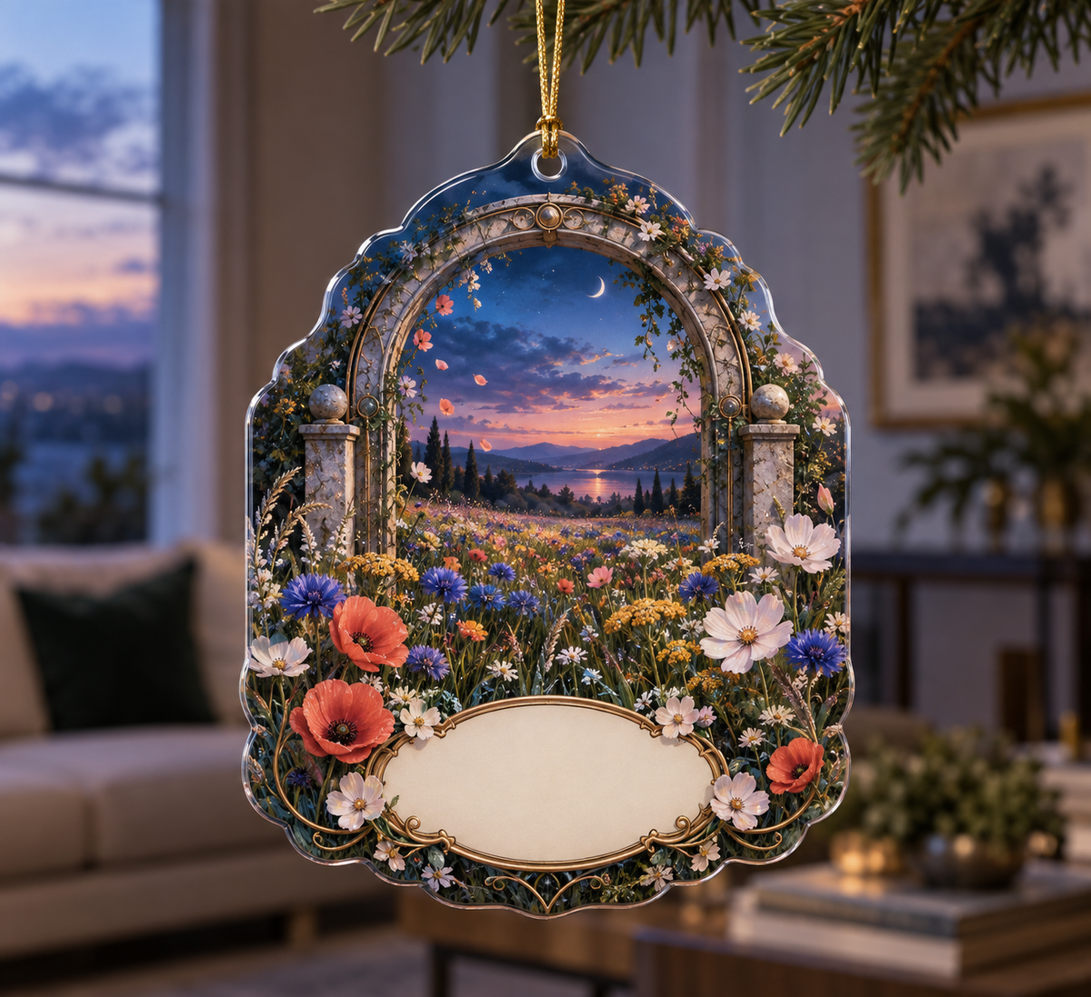 One christmas ornament with a blue-hour wildflower meadow, circular stone garden portal and blank ivory name plaque.