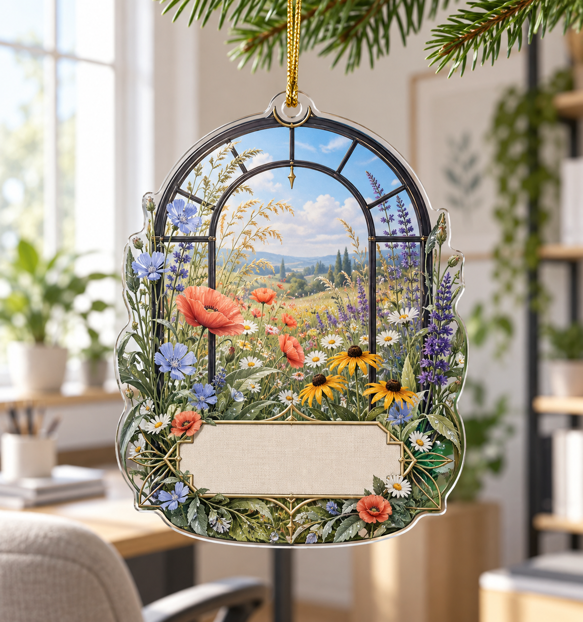 One christmas ornament with a fresh wildflower meadow, blackened-steel studio window and blank linen name plaque.