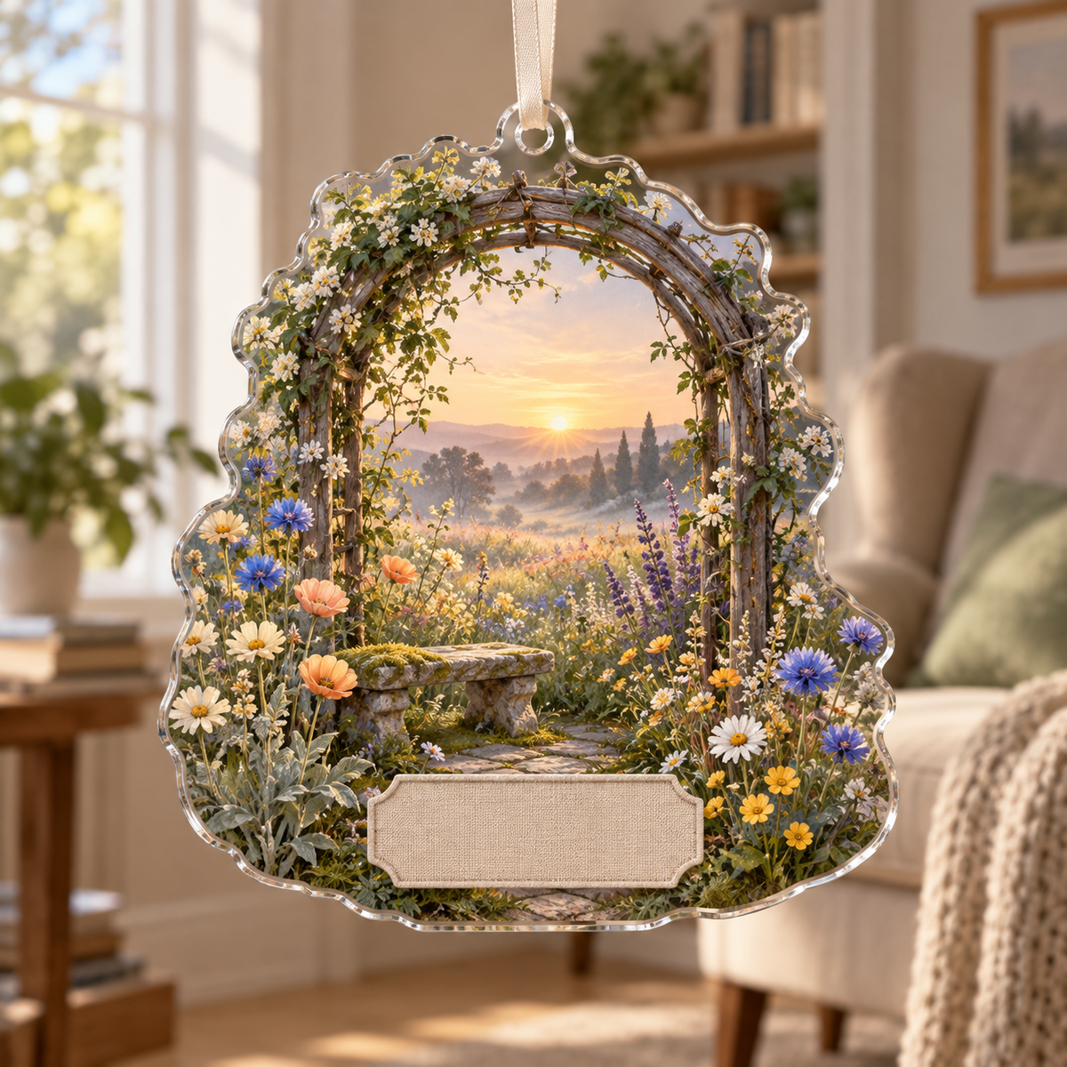 One christmas ornament with a tranquil dawn wildflower meadow, weathered willow arch, stone bench motif and blank linen name plaque.