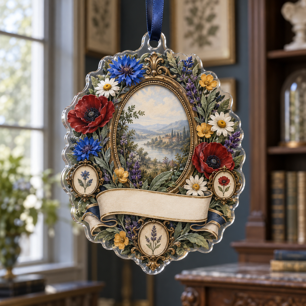 One christmas ornament with a collector wildflower herbarium, antique-brass oval frame, botanical medallions and blank ivory linen name plaque.