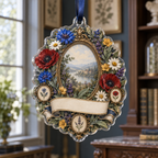 One christmas ornament with a collector wildflower herbarium, antique-brass oval frame, botanical medallions and blank ivory linen name plaque.