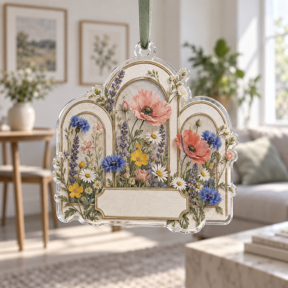 One christmas ornament with overlapping arched wildflower gallery panels, matte-brass printed lines and blank warm-linen name plaque.