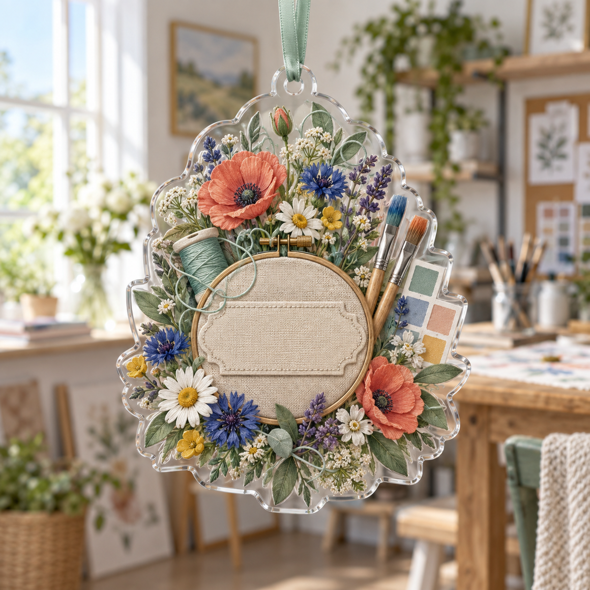One christmas ornament with a wildflower maker garden, sea-glass studio arch, embroidery hoop, paintbrush motifs and blank oatmeal-linen name plaque.