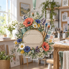One christmas ornament with a wildflower maker garden, sea-glass studio arch, embroidery hoop, paintbrush motifs and blank oatmeal-linen name plaque.