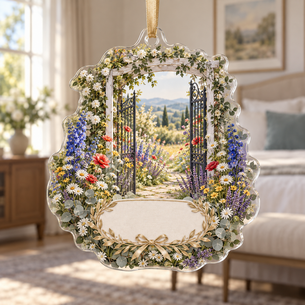 One christmas ornament with a welcoming wildflower garden gate, whitewashed trellis, champagne-gold ribbon wreath motif and blank ivory-linen name plaque.