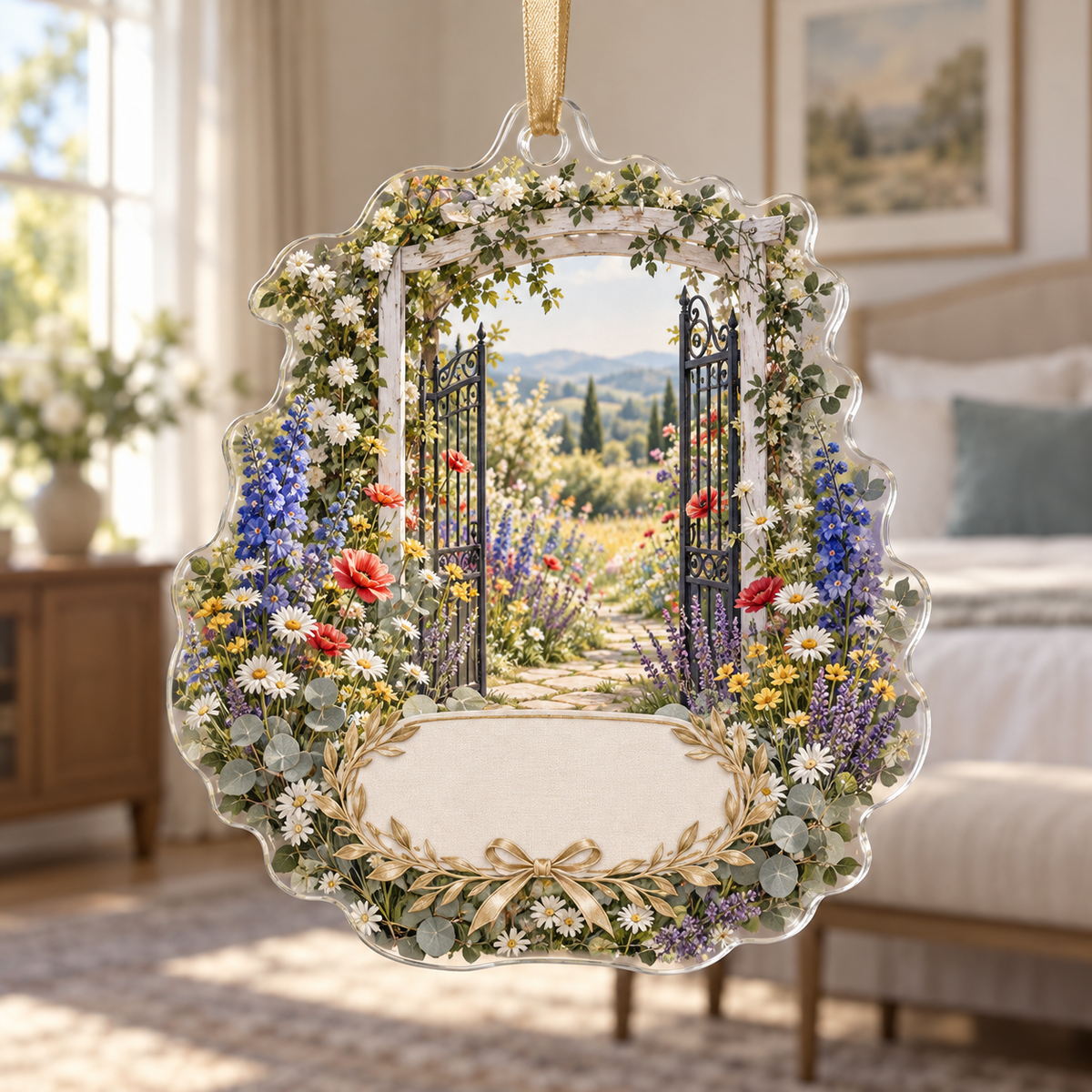 One christmas ornament with a welcoming wildflower garden gate, whitewashed trellis, champagne-gold ribbon wreath motif and blank ivory-linen name plaque.