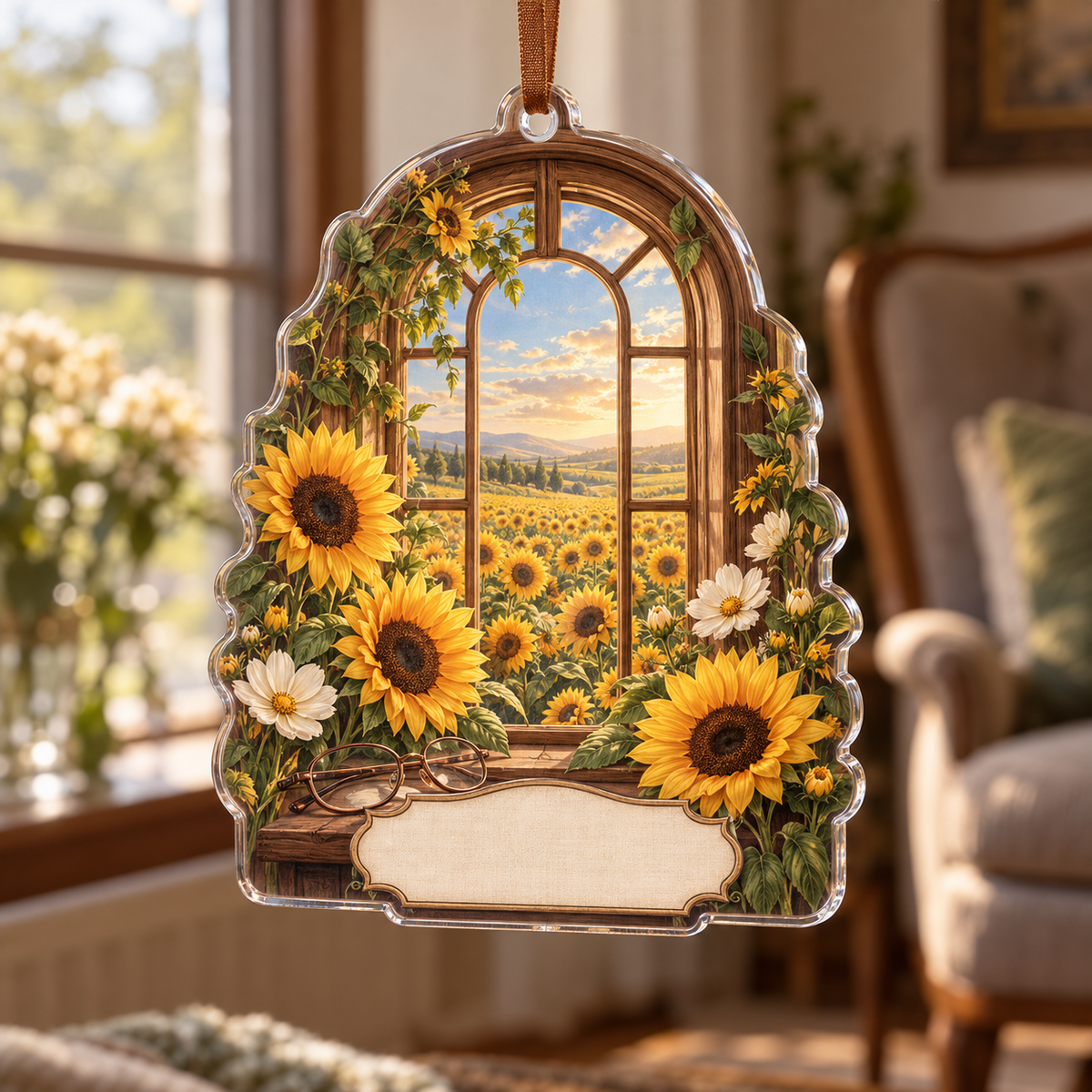 One christmas ornament with a luminous sunflower field, walnut library-window arch, copper reading-glasses motif and blank parchment-linen name plaque.
