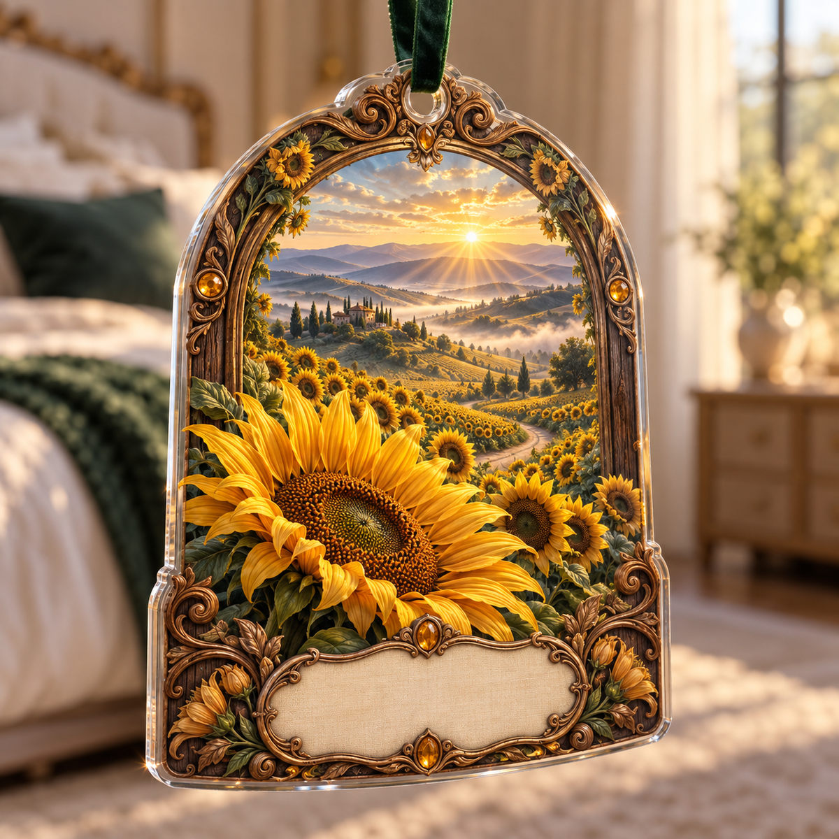 One christmas ornament with a deep-perspective sunflower field, walnut portal, antique-copper filigree and blank ivory personalization plaque.