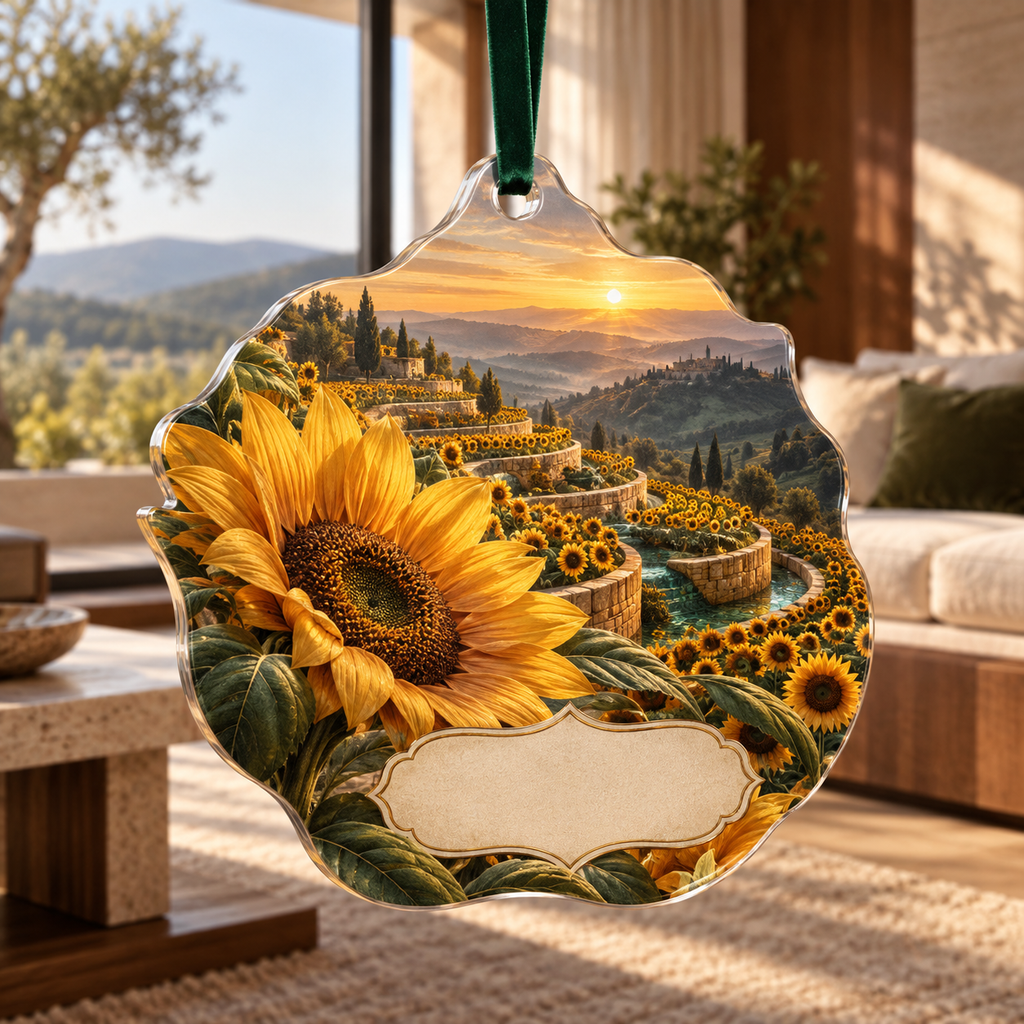 One christmas ornament with monumental foreground sunflowers, sweeping terraces, teal valley, amber horizon and blank cream personalization cartouche.