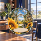 One christmas ornament with monumental sunflower petals, brass observatory rings, emerald botanical grids, deep blue sky corridor and blank ivory personalization panel.