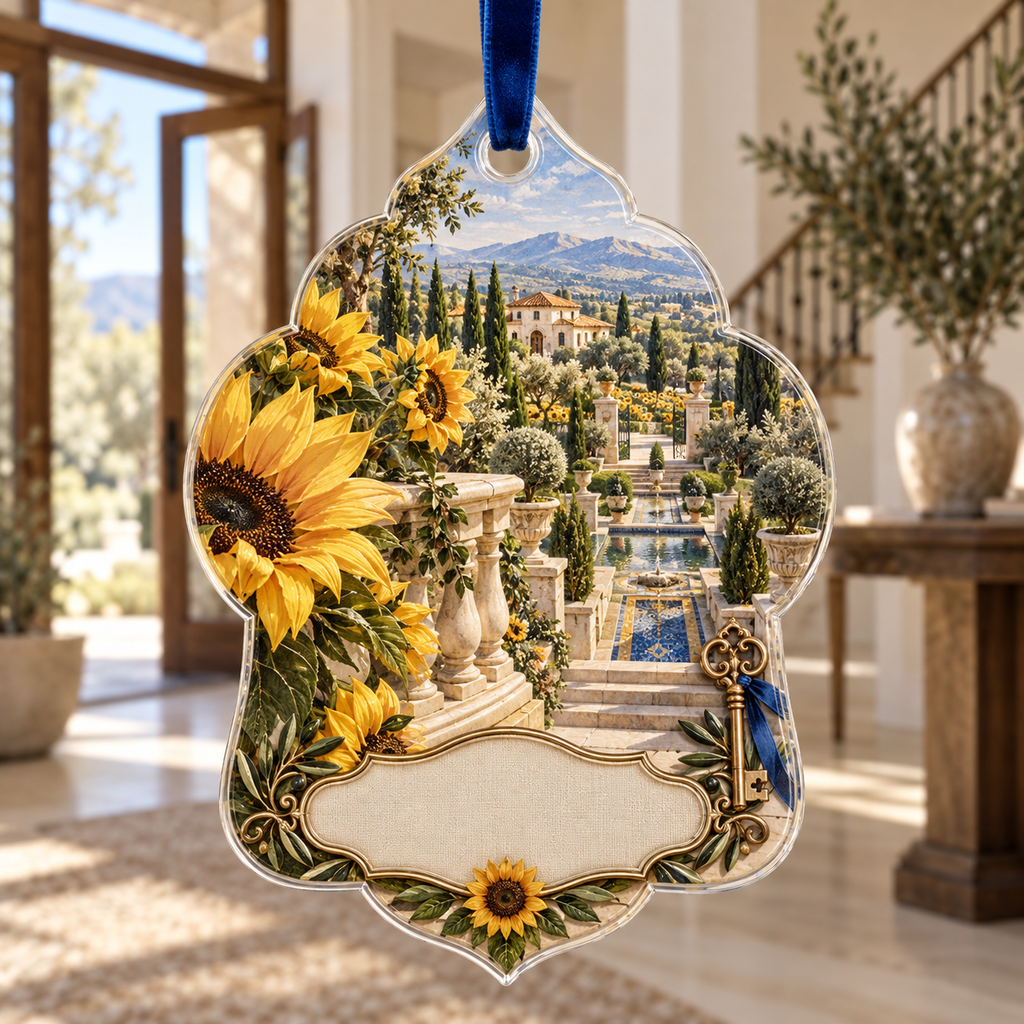 One christmas ornament with monumental sunflowers, sunken limestone courtyard, sapphire mosaic channels, cream house and blank ivory personalization plaque.