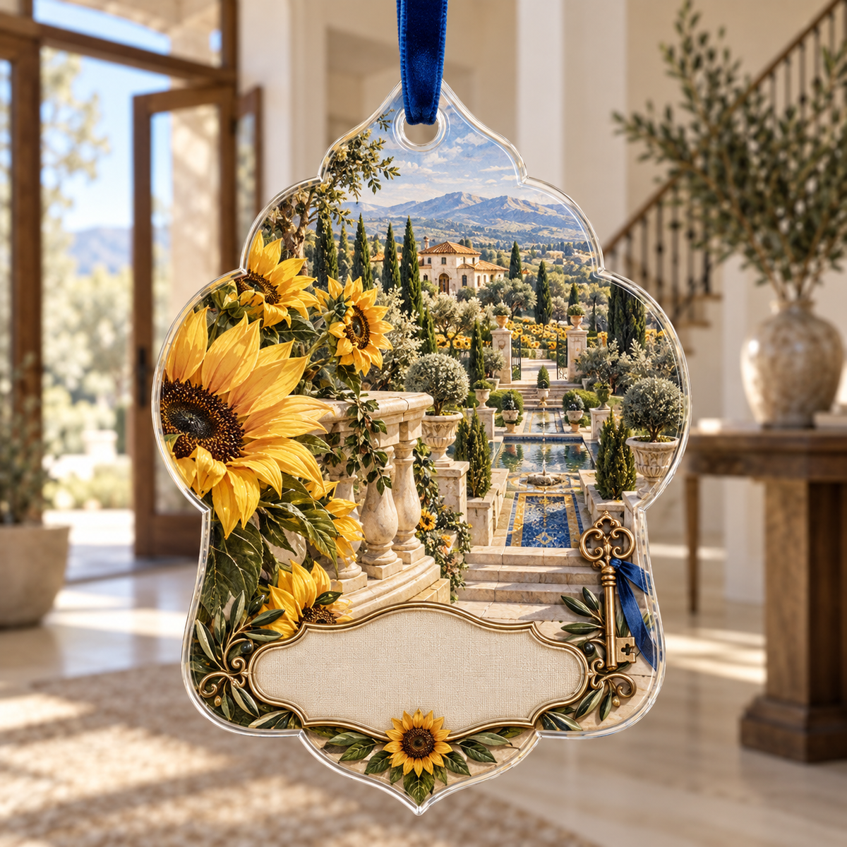 One christmas ornament with monumental sunflowers, sunken limestone courtyard, sapphire mosaic channels, cream house and blank ivory personalization plaque.
