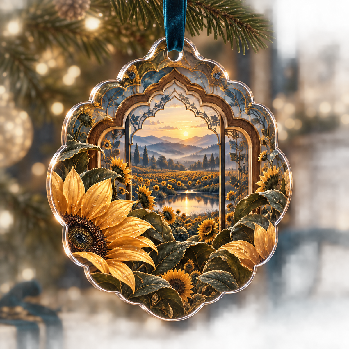 One christmas ornament with monumental dew-covered sunflowers, nested walnut shadowbox layers, reflective pool, indigo hills and a seamless finished composition.