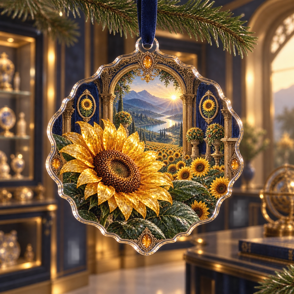 One christmas ornament with a continuous sunflower collector gallery, monumental golden blooms, antique-brass arches, indigo velvet bays and a deep sunrise valley.