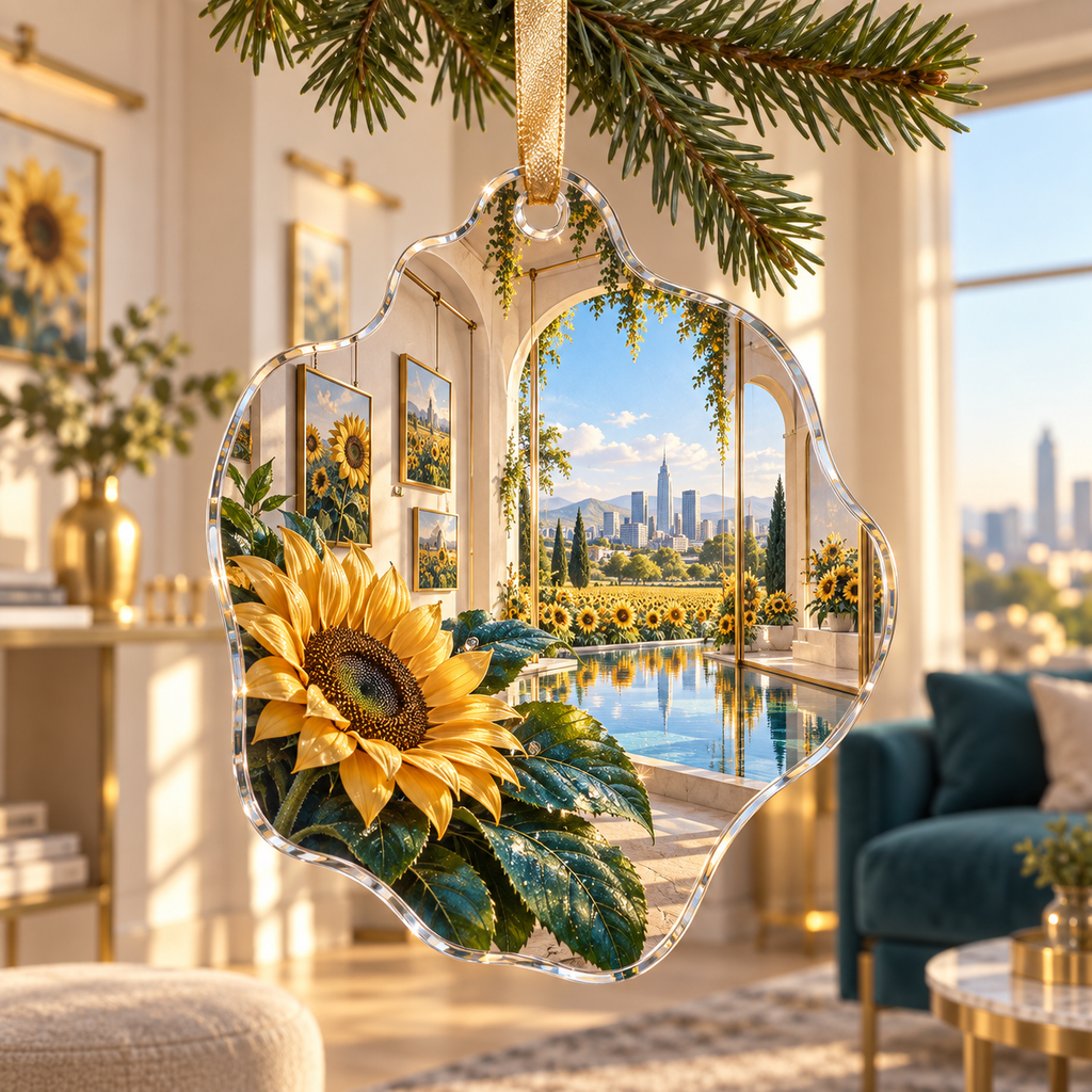 One christmas ornament with a continuous sunflower apartment gallery, folded golden blooms, ivory portals, prismatic panels and a deep modern skyline.