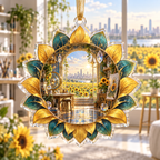 One christmas ornament with a continuous sunflower maker atelier, folded golden blooms, brass drafting arcs, prismatic facets and a deep studio skyline.