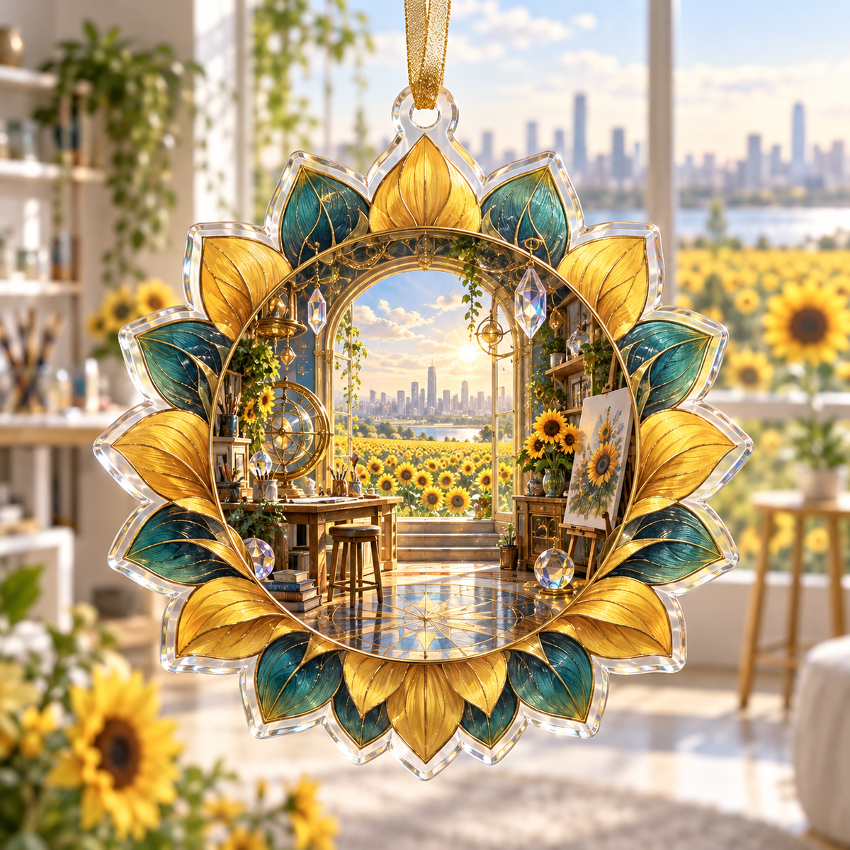 One christmas ornament with a continuous sunflower maker atelier, folded golden blooms, brass drafting arcs, prismatic facets and a deep studio skyline.