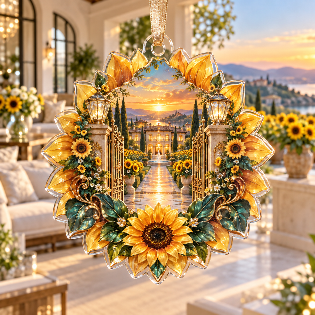 One christmas ornament with a continuous sunflower welcome villa, folded golden blooms, champagne gates, crystal lantern facets and a deep terrace path.
