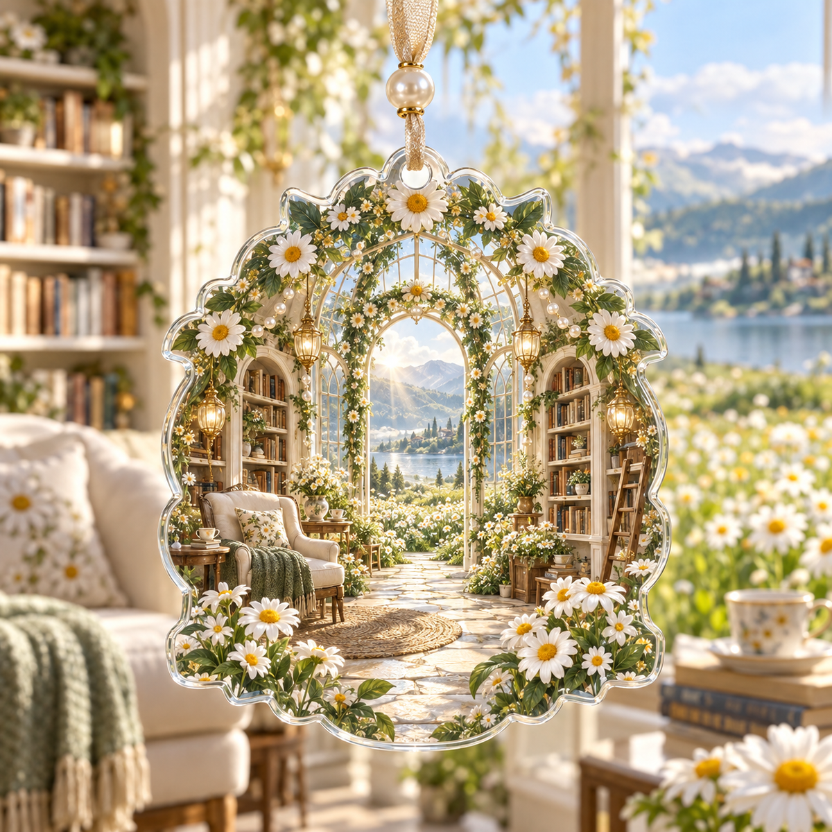 One christmas ornament with a continuous daisy glasshouse library, luminous white blooms, pearl garlands, arched alcoves and a deep meadow path.