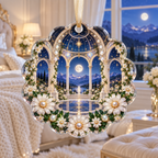 One christmas ornament with a continuous celestial daisy rotunda, ivory blooms, pearl rings, moonstone arches and a deep moonlit gallery.
