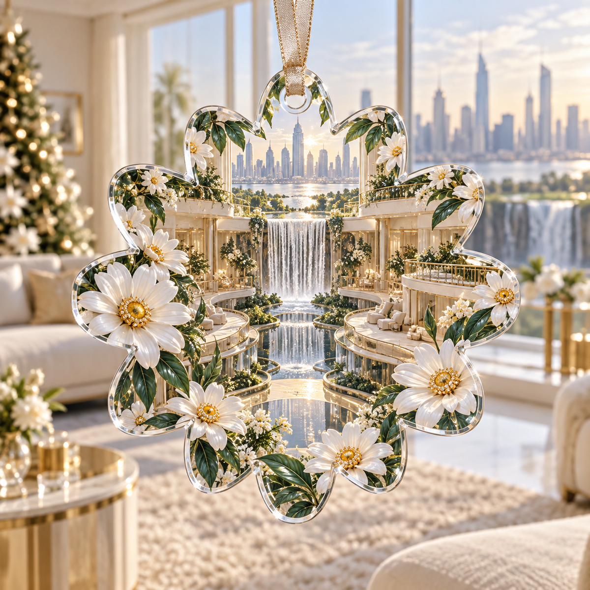 One christmas ornament with a continuous modern daisy cascade, porcelain blooms, champagne terraces, mirrored channels and a deep waterfall atrium.