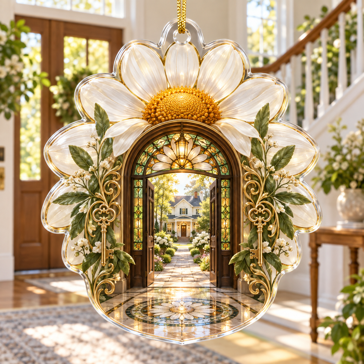 One christmas ornament with a continuous daisy key manor, white blooms, brass coordinate rings, sapphire grids and a deep city vista.