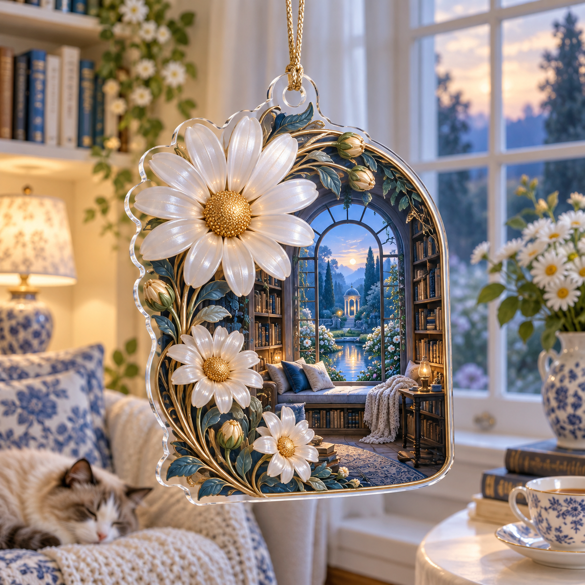 One christmas ornament with a continuous moonlit daisy reading nook, white blooms, brass coordinate rings, sapphire grids and a deep city vista.