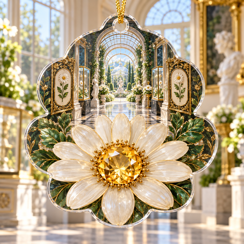 One christmas ornament with a continuous gilded daisy collector gallery, white blooms, brass coordinate rings, sapphire grids and a deep city vista.