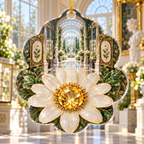 One christmas ornament with a continuous gilded daisy collector gallery, white blooms, brass coordinate rings, sapphire grids and a deep city vista.