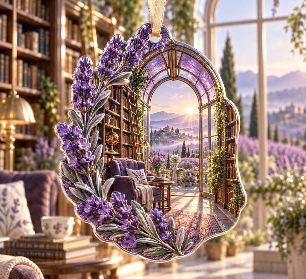 One christmas ornament with a continuous lavender reading conservatory, white blooms, brass coordinate rings, sapphire grids and a deep city vista.