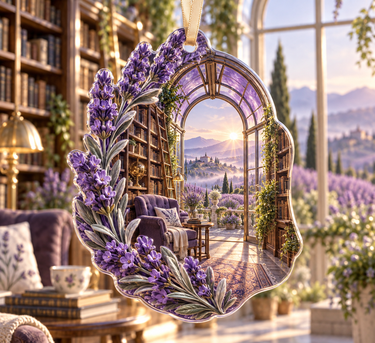 One christmas ornament with a continuous lavender reading conservatory, white blooms, brass coordinate rings, sapphire grids and a deep city vista.