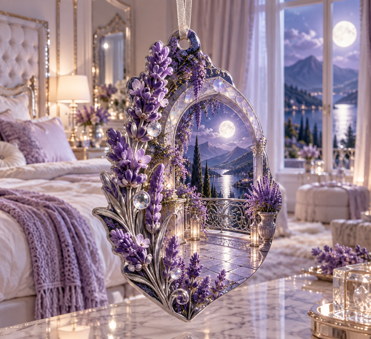 One christmas ornament with a continuous lavender moon garden, white blooms, brass coordinate rings, sapphire grids and a deep city vista.