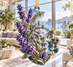 One christmas ornament with a continuous lavender skybridge atrium, white blooms, brass coordinate rings, sapphire grids and a deep city vista.